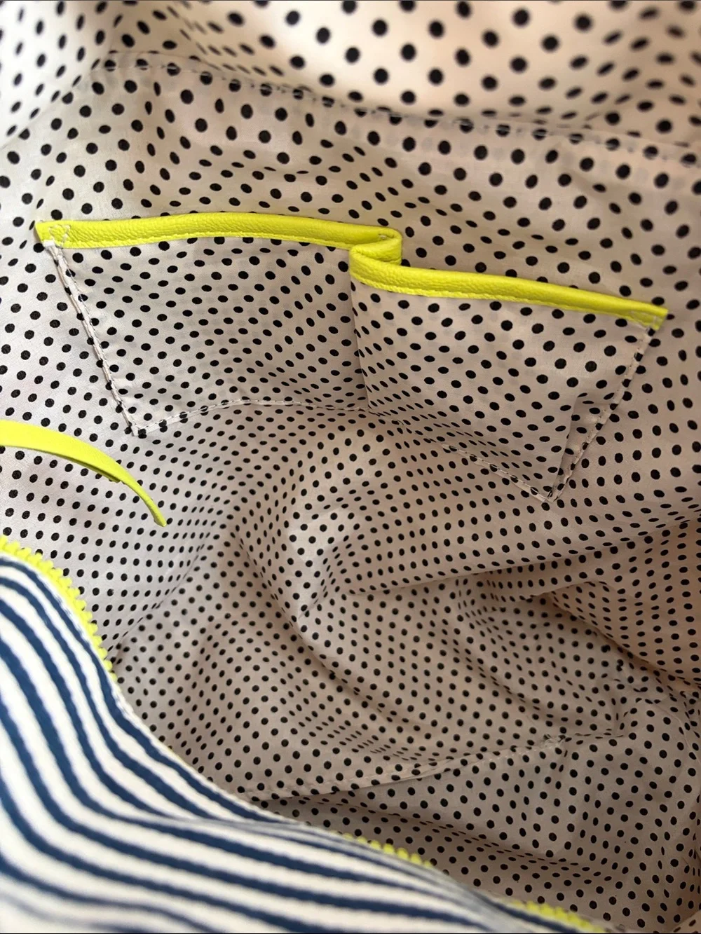 Madden Girl Navy and White Quilted Striped Tote with Bright Yellow Green Accent
